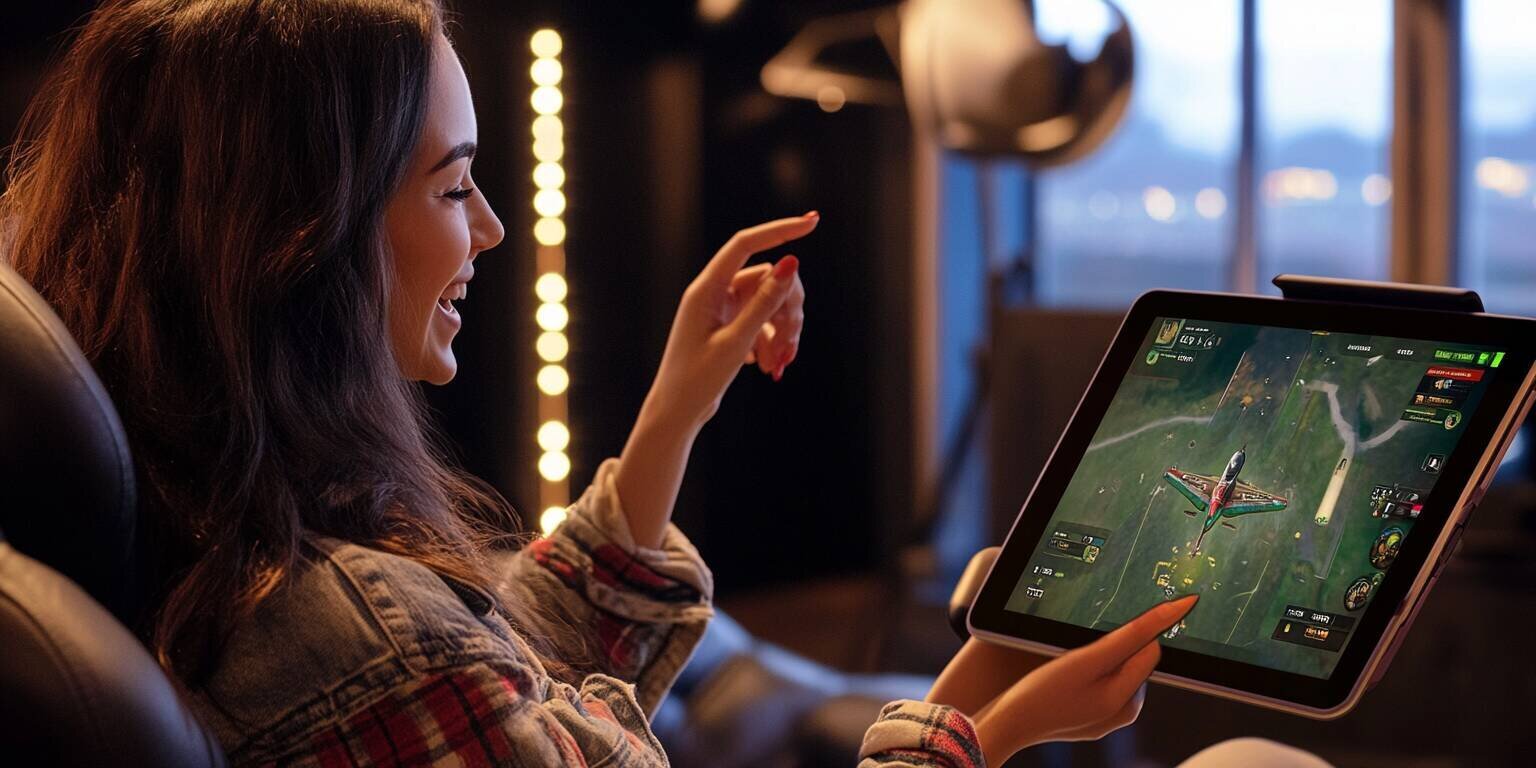 Young Woman Playing Nisontan Aviator on a Tablet