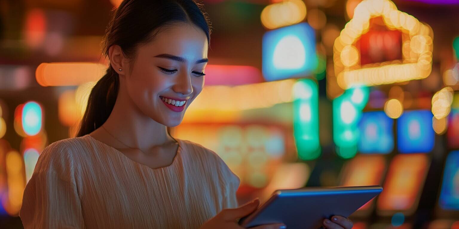 Young Woman Exploring Nisontan Games on a Tablet