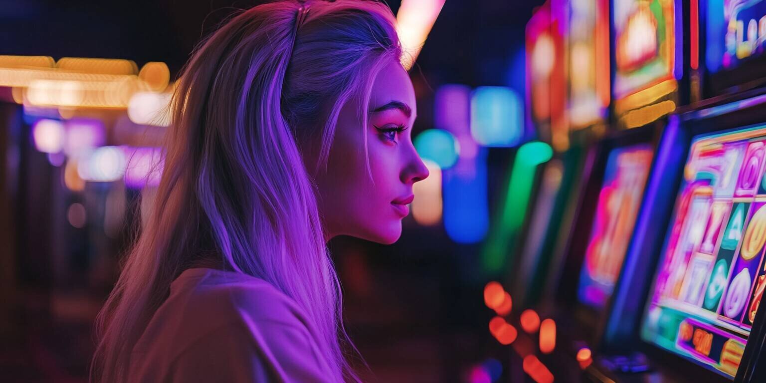 Young Woman Playing Slots at Nisontan Casino